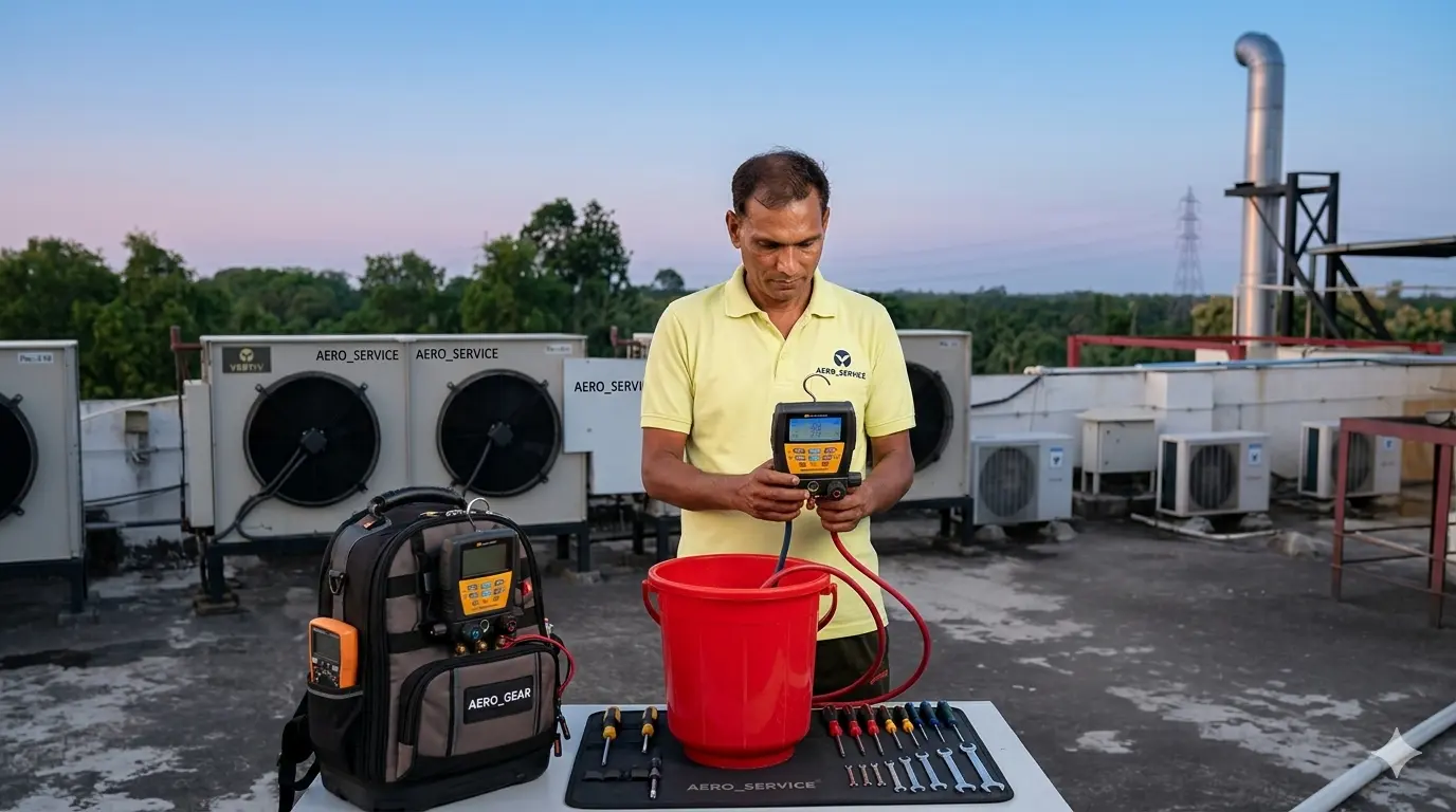 Technician servicing refrigerator compressor